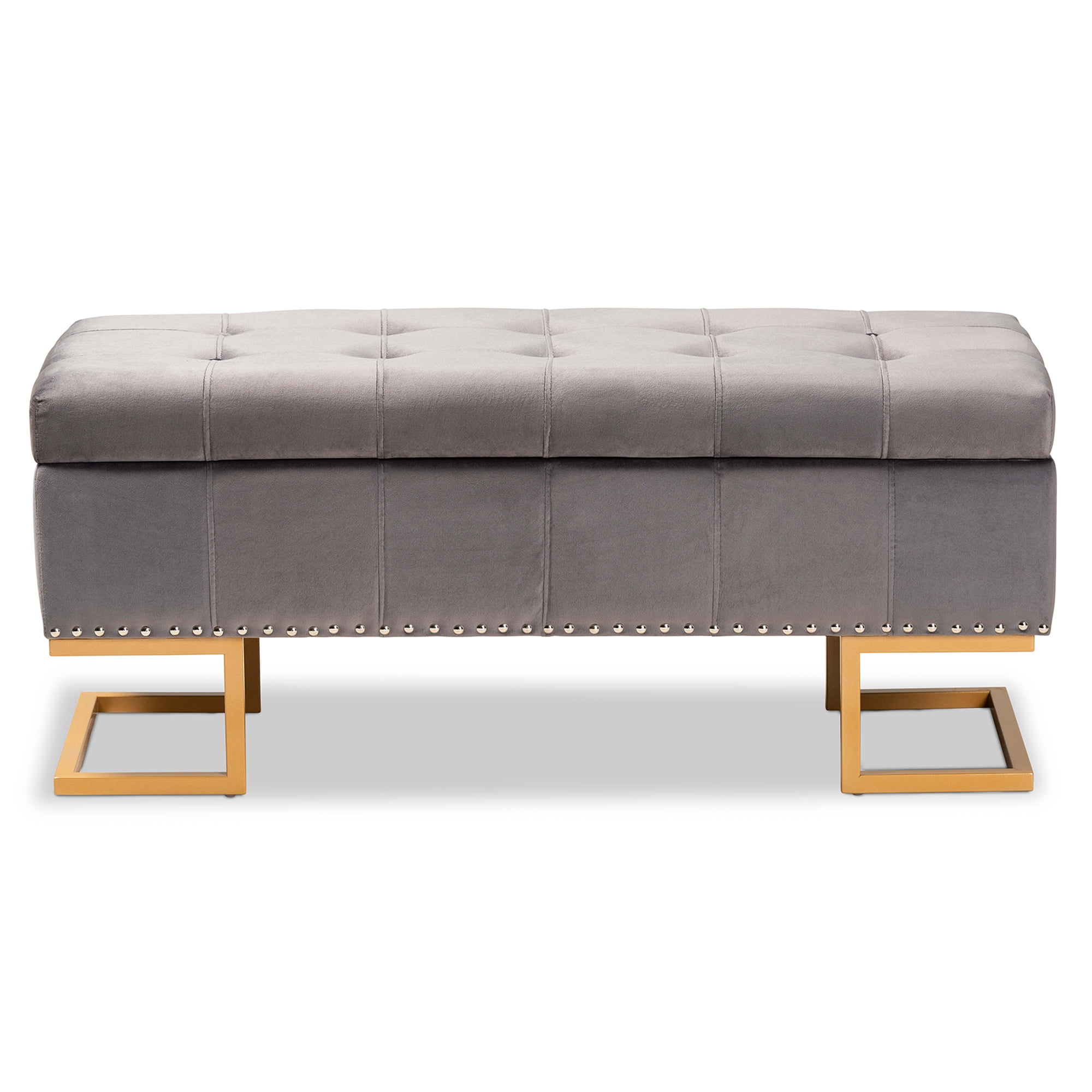 Baxton Studio Ellery Luxe and Glam Grey Velvet Fabric Upholstered and Gold Finished Metal Storage Ottoman