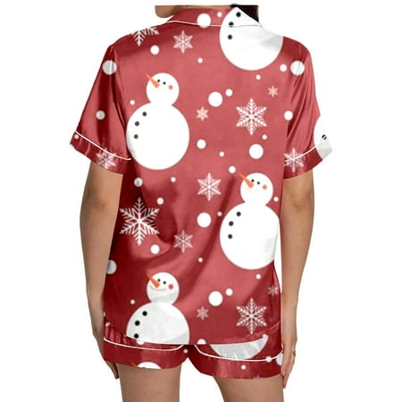 JIANJIA Womens Pajama Sets Christmas Snowman Print Silk Satin Lapel Short Sleeve Tops With Shorts Sleepwear Daily-Wear