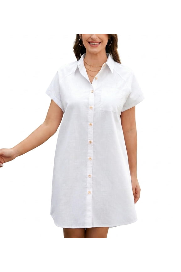 Cotton Linen Dress for Women Short Sleeve V-Neck Button Down Tunic Shift Dress Casual Breathable Comfy Summer Shirt Dress with Pocket for Beach Vacation and Everyday Wear