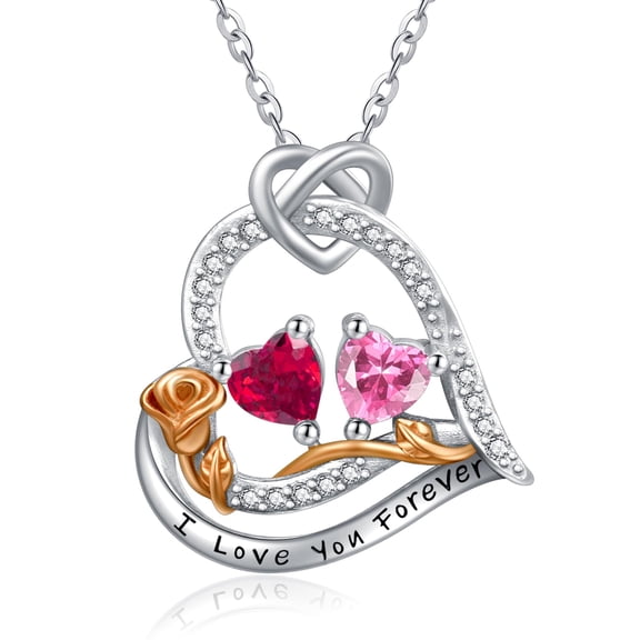 TANGPOET Sterling Silver Rose Heart Necklaces Pendant Jewelry Ruby Tourmaline July October Birthstone Necklace Anniversary Jewelry Gifts for Women