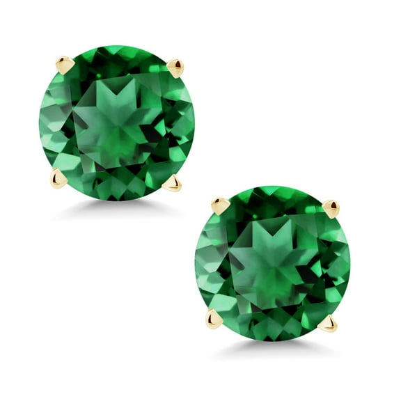 Gem Stone King 14K Yellow Gold Green Simulated Emerald Stud Earrings for Women Men (1.54 Cttw, Round 6MM)