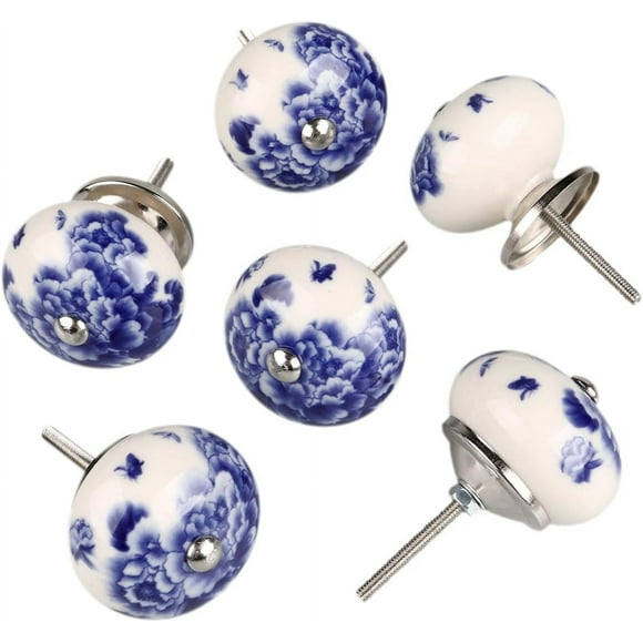 6 Pieces Vintage Shabby Knobs White and Blue Floral Hand Painted Ceramic Pumpkin Cupboard Wardrobe Cabinet Drawer Door Handles Pulls Knob, Peony