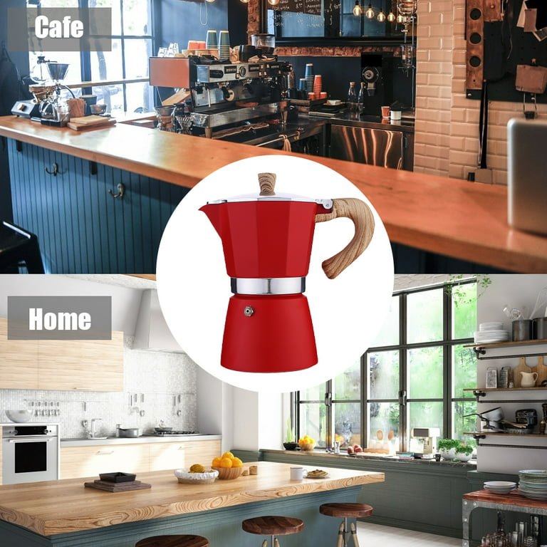 TureClos Coffee Maker Aluminum Coffee Machine Octagon Household Mocha Pot  Kitchen Accessory, Red, 300ML