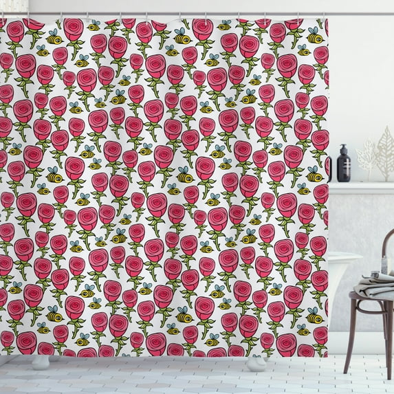 Bee Shower Curtain, Pattern of Rose Buds Bouquets and Flying Bumble Bees with Human Eyes Cartoon Print, Fabric Bathroom Set with Hooks, 69W X 84L Inches Extra Long, Multicolor, by Ambesonne