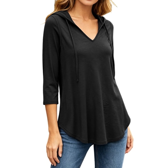 Htigea 3/4 Sleeve Tunic Hoodies for Women Drawstring Hooded V-Neck Tops Solid Color Soft Comfortable Fall Pullover Shirts Black S