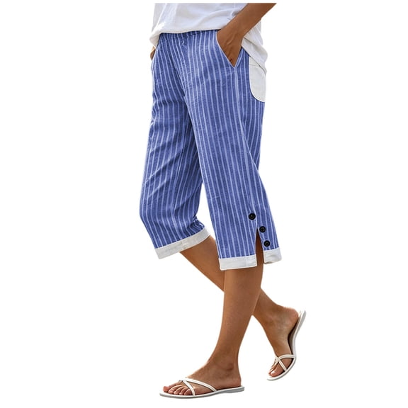 Women's Striped Capris Pants Straight Leg High Elastic Waist Trousers Summer Hiking Travel Casual Cropped Pants