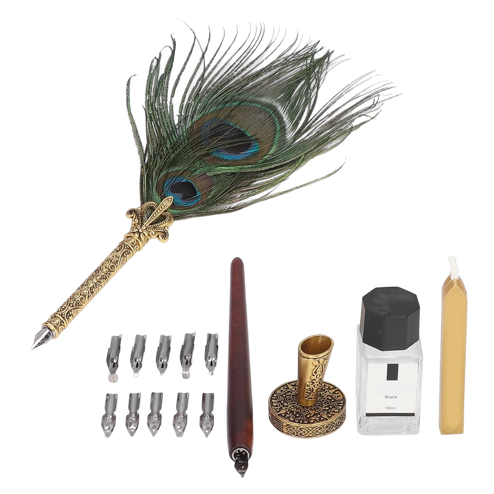 BIMZUC Feather Pen Exquisite Pattern Quaint Texture Comfortable Grip Stainless Steel Nib Calligraphy Set (11.4 inches / 29 cm) - Double Peacock