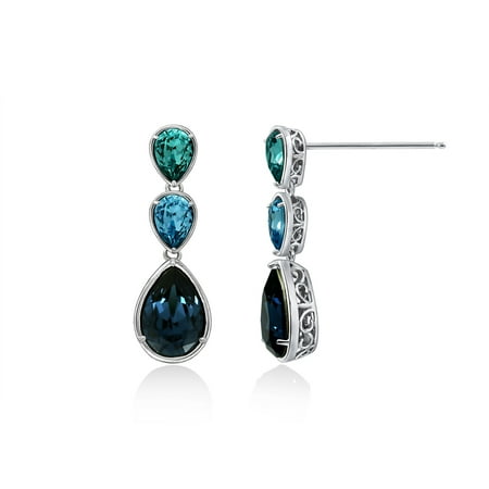 Gemour Platinum Plated Sterling Silver Swarovski Crystal Elements Multi Turquoise Pear shape-Bezel Statement Earrings