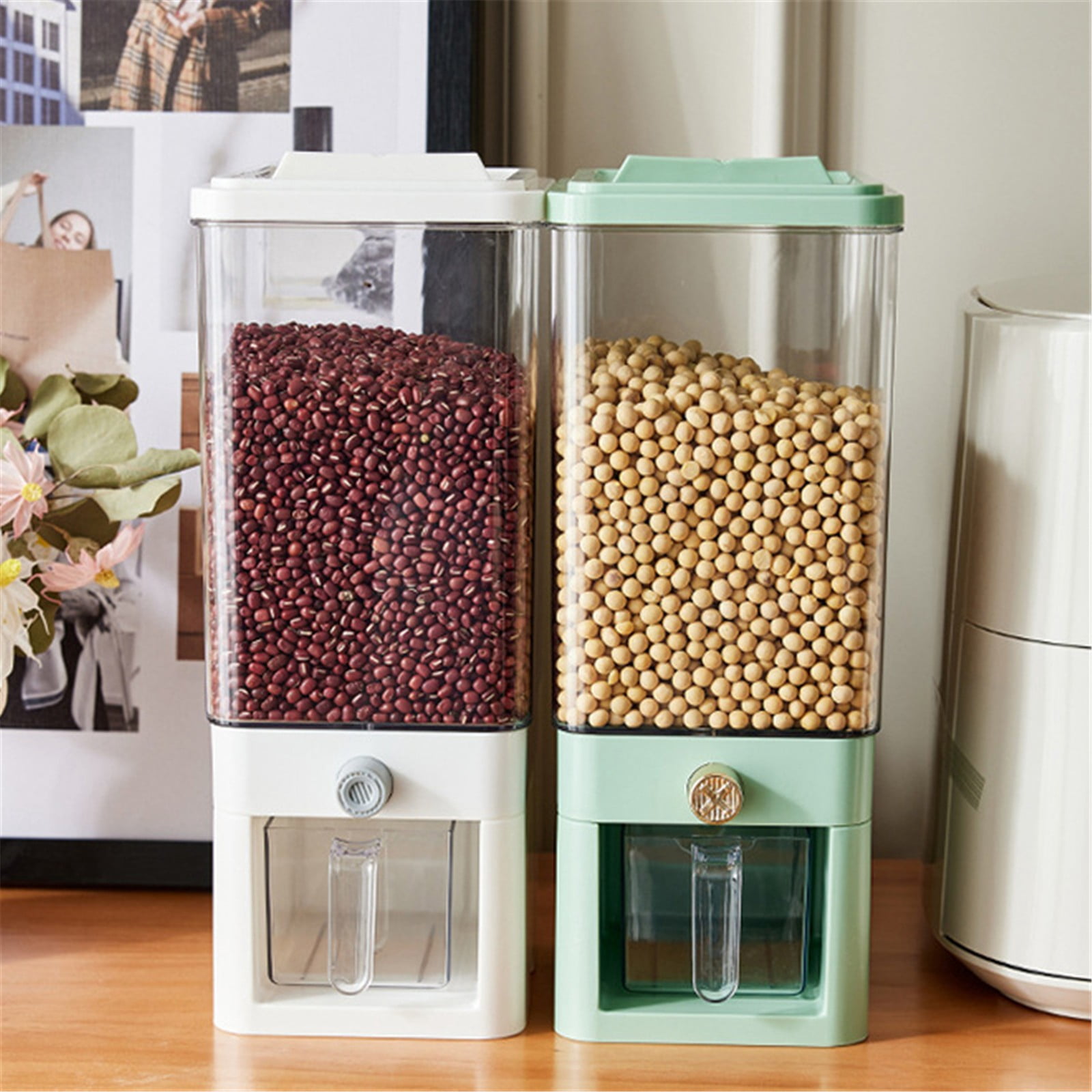 BMYJ Rice Dispenser Airtight Cereal Dispenser for Countertop Capacity Dry Food Storage Container for Rice Lentils Beans Grains Press Design