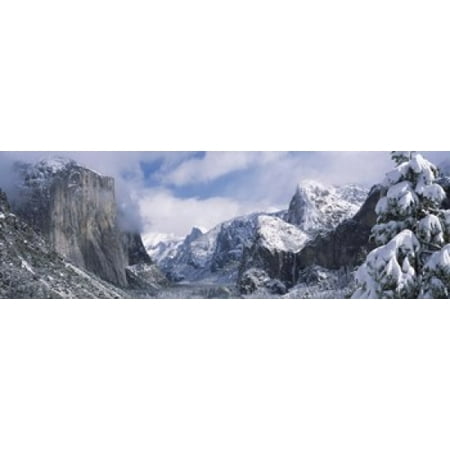 Mountains and waterfall in snow Tunnel View El Capitan Half Dome Bridal Veil Yosemite National Park California USA Poster