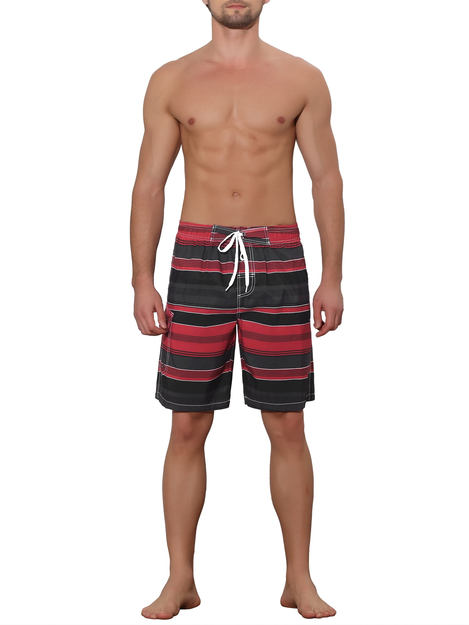 Unique Bargains Men's Drawstring Stripes Printed Color Block Beach Pool Board Shorts 36 Red