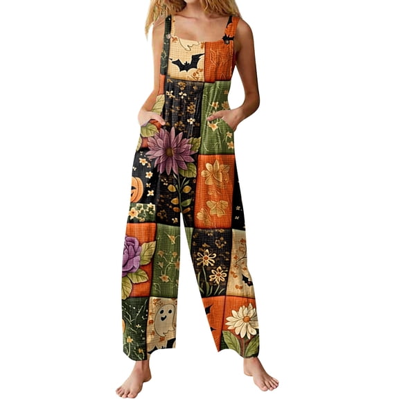 IYYVV Halloween Overalls Women Summer Funny Pumpkins Ghost Printed Loose Wide Leg Jumpsuits with Pockets Orange 5XL