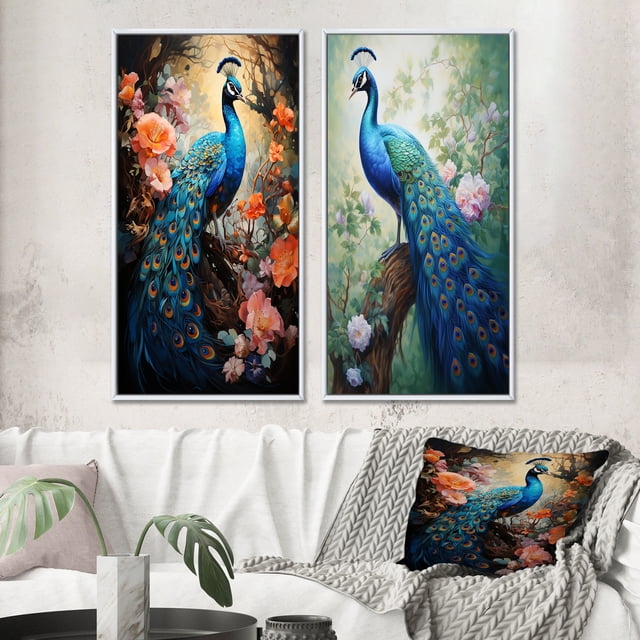 Designart "Luminous Peacock" Peacock Framed Wall Art Set Of 2 - Blue Animals Framed Canvas Set For Living Room Decor