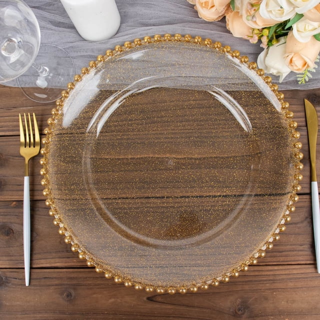 EASTIN 6 Pack 12” Gold Clear Acrylic Round Charger Plates With Beaded Rim Dinner Charger Plates