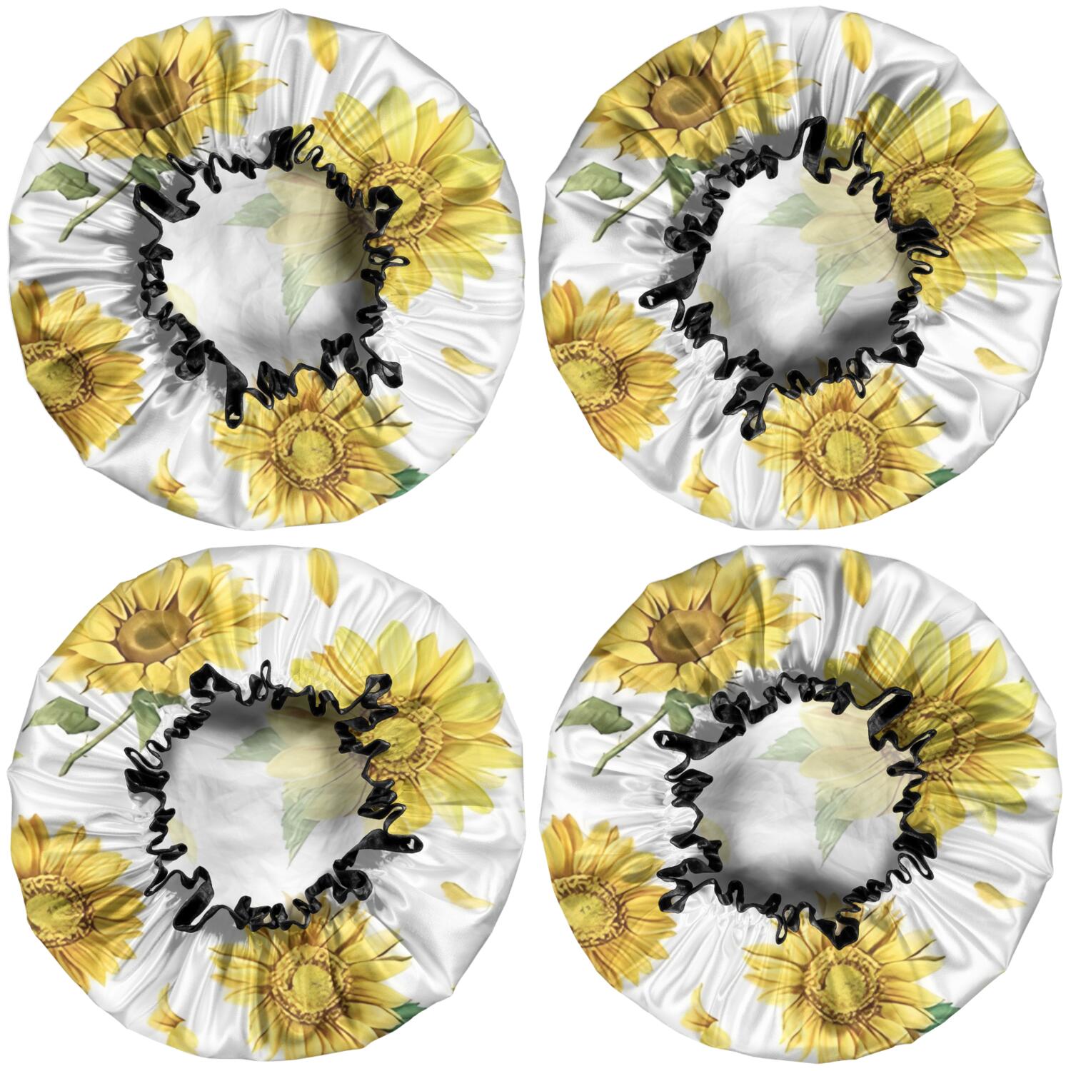 Shower Caps,White Sunflower Petal Pattern Waterproof Shower Cap for Women 4 Pieces,Double Reusable Hair Cover for Shower PEVA Elastic Stretch Hem
