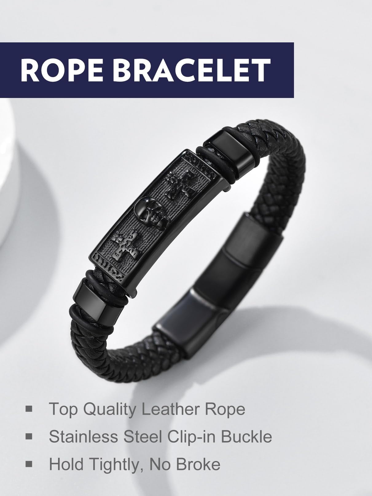 Bandmax Black Punk Gothic Skull Cross Bracelets for Men Women Black Braided Leather Cuff Wristband with Adjustable Buckle Halloween Birthday Father Day Gift for Dad Son Husband Grandpa