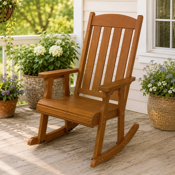 Fortune Candy Wooden Patio Rocking Chair, Heavy Duty 600 lbs, for Outdoor and Indoor, Brown