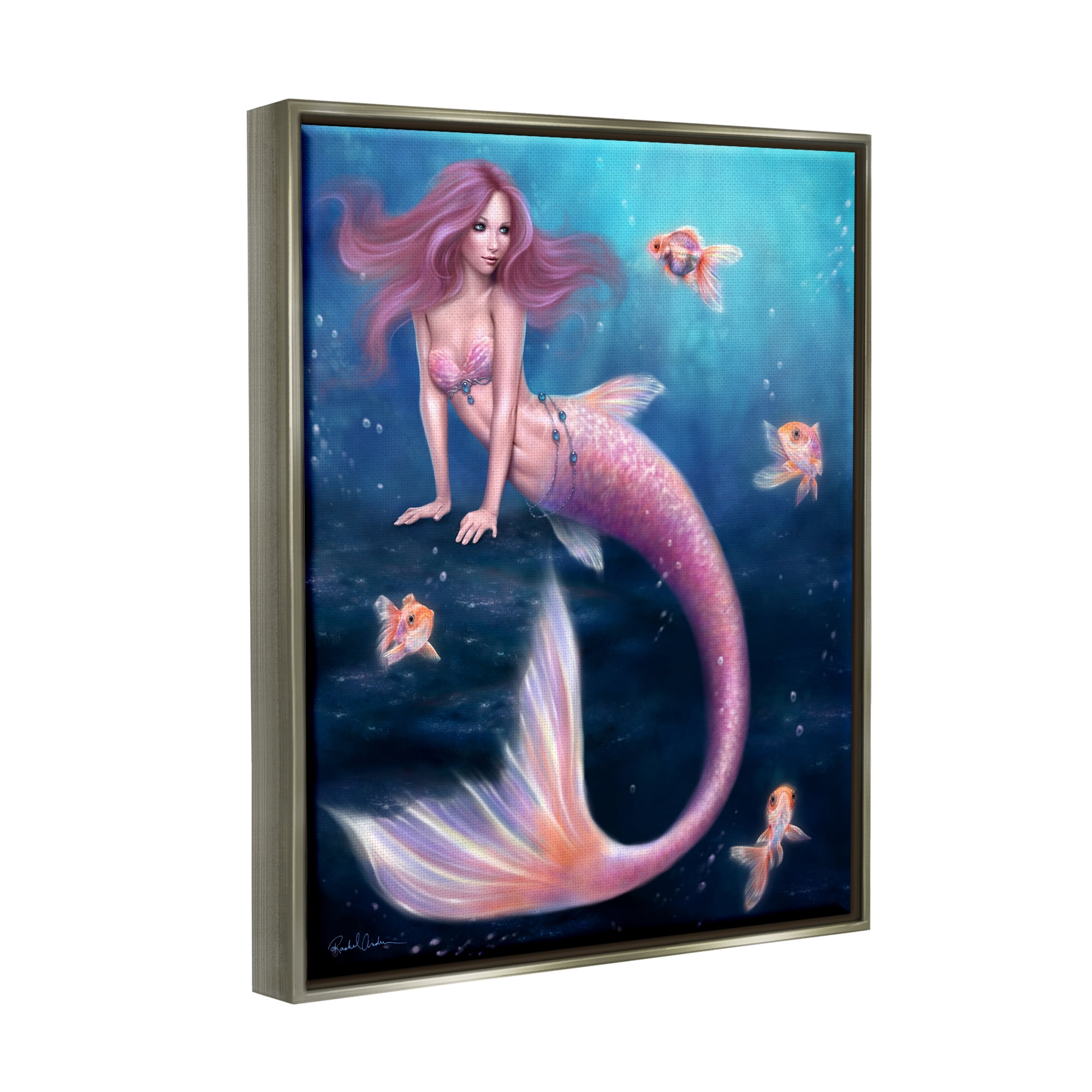 Stupell Industries Aurelia Mermaid in Sea Fairy Tales & Fantasy Painting Gray Floater Framed Canvas Art Print Wall Art, 17 x 21