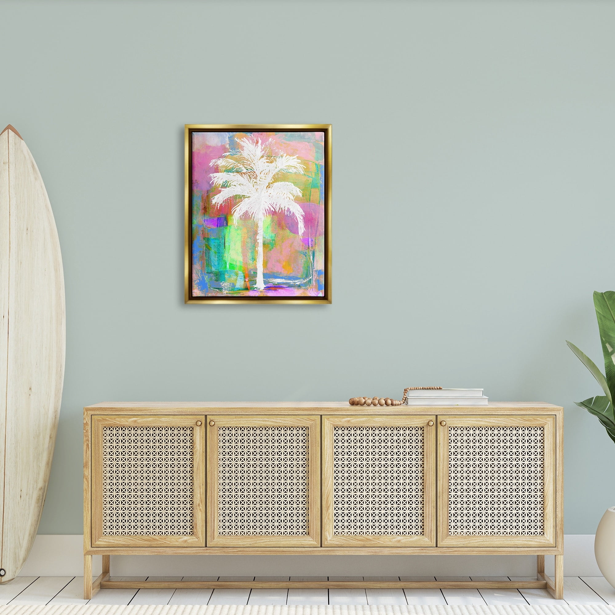 Stupell Industries Modern Palm Tree Silhouette Vivid Blocked Hues Painting Metallic Gold Floating Framed Canvas Print Wall Art, Design by Kristen Dew