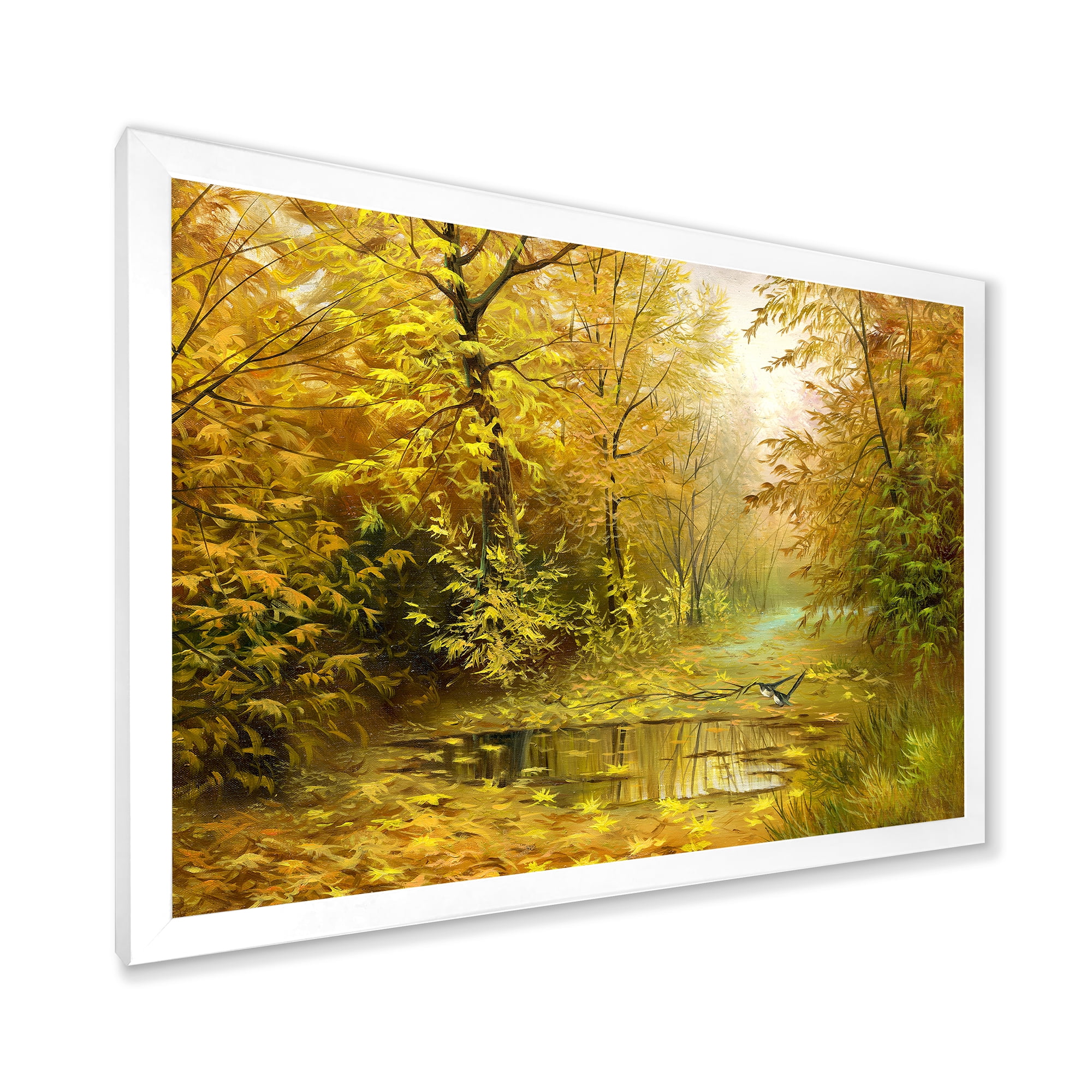 Designart 'Rain Water On Road In Yellow Woodlands' Country Framed Art Print