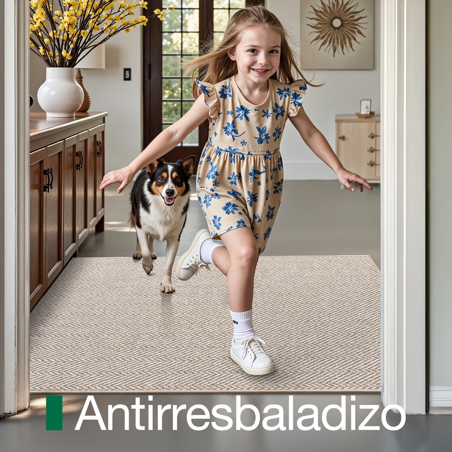 FRABE Ultra Thin Indoor Door Mat Non Slip, Low Profile Entryway Mat, Pet Friendly Doormat with Herringbone Design for Inside, Patio, Porch, Beige, 48x72