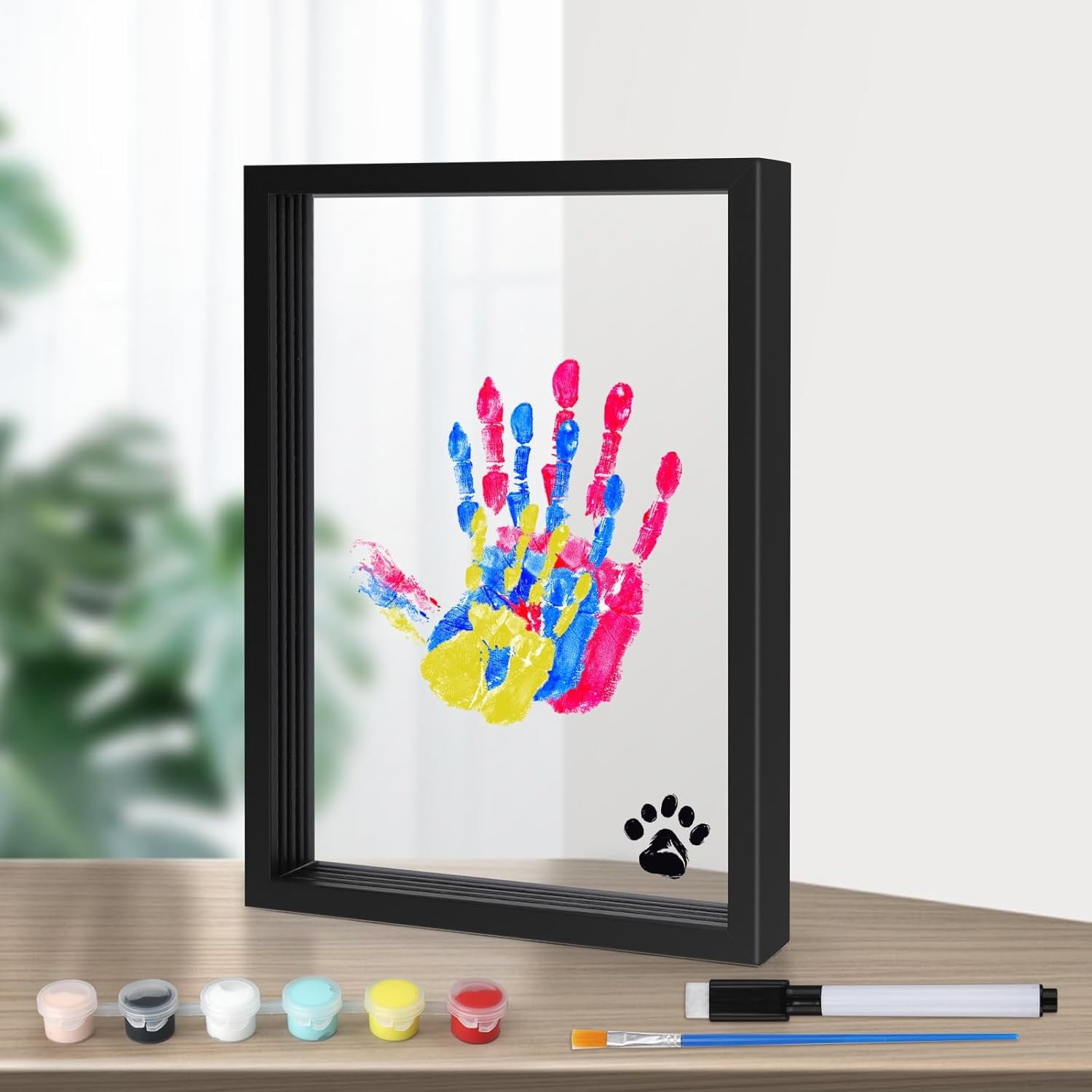 DIY Family Handprint Frame,Happon DIY Craft Keepsake Wooden Frame,Personalized Baby Hand and Footprint Gifts for New Parents Family,Family Handprint Kit with 6 Acrylic Paint Colors and Clear Sheets