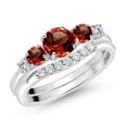 thumbnail image 2 of Gem Stone King 10K White Gold Red Garnet and White Lab Grown Diamond 5 Stone Bridal Engagement Wedding Ring Set for Women (1.41 Cttw, Round: 5MM and 3MM, Size 5), 2 of 6