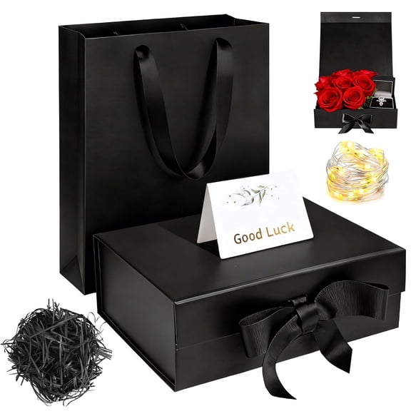 Black Gift Box, 9.1x6.7x2.8'' Magnetic Closure Gift Boxes with Lids for Presents, Collapsible Magnetic Gift Box Set with Accessories
