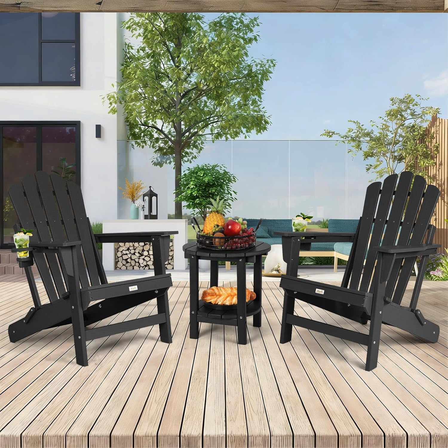 Folding Adirondack Chair, All Weather Wood Texture Fire Pit Chairs with Cupholder for Outside