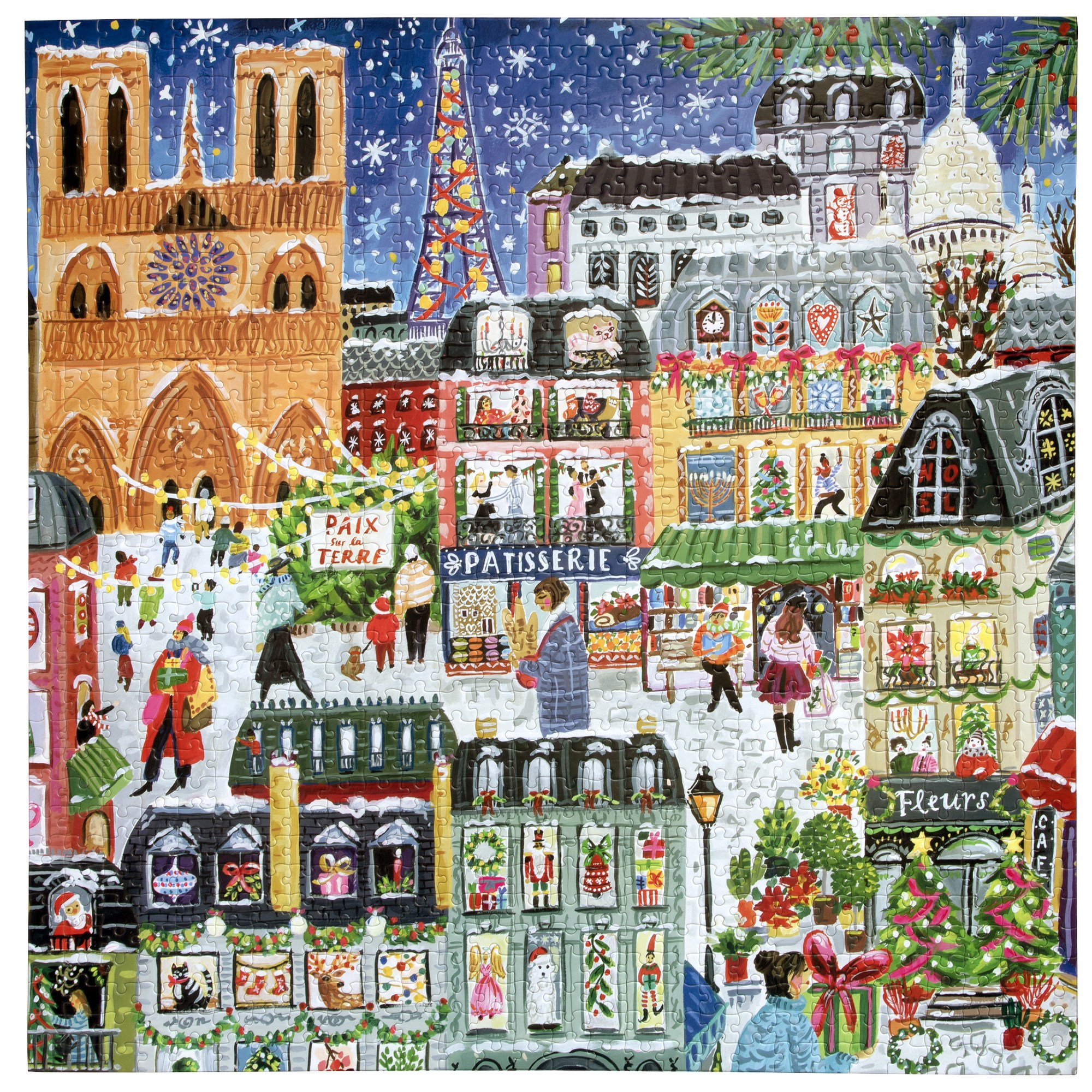 eeBoo Piece & Love: Paris Christmas - 1000 Piece Puzzle - 23" Adult Jigsaw, Jennifer Orkin Lewis’ Festive City of Lights Holiday Scene, Eco-Friendly