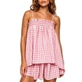 thumbnail image 2 of Women Gingham 2 Piece Pajama Set Flowy Peplum Babydoll Cami Top Wide Leg Shorts Sets Summer Lounge Outfit Pink S, 2 of 4