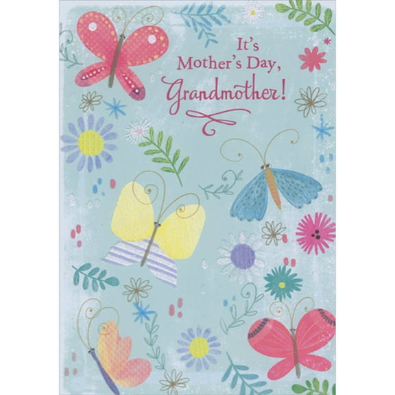 Designer Greetings Five Butterflies, Purple, Red and Yellow Flowers and Leaves on Light Blue Juvenile Mother's Day Card for Grandmother