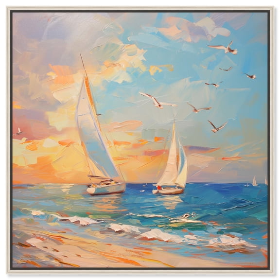 Sailboats In The Sunset Chic Coastal Canvas Wall Art by Art Remedy, Silver Floater Frame, 20"x20"