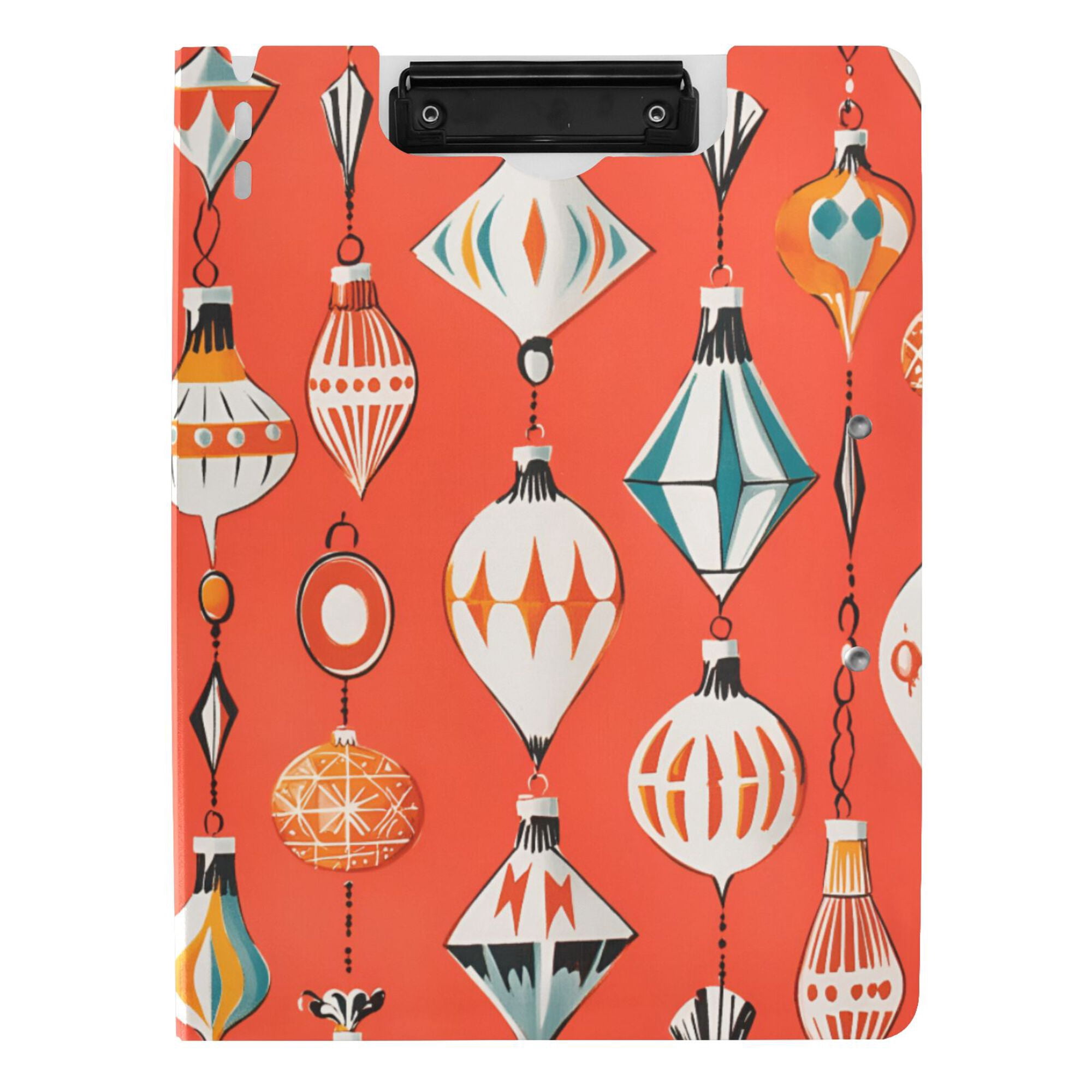 FORMRS A4 Clipboard Folder with Pen Holder Horizontal Foldable School Office Binder, Retro Christmas Ornaments Pattern