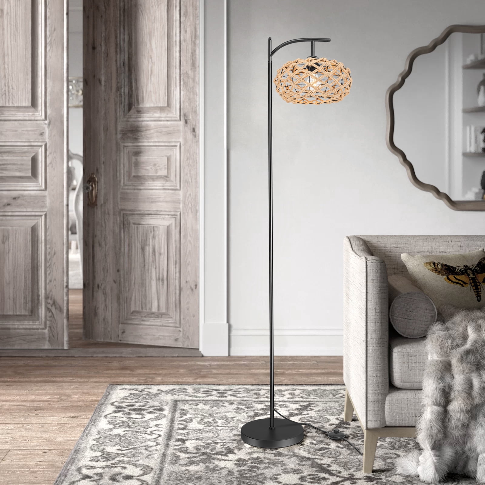 IC INSTANT COACH Boho Farmhouse Floor Lamp & Foot Switch - 4.9FT Rattan Standing Lamp for Living Room, Bedroom, Office - Modern Rustic Lighting with Easy Assembly