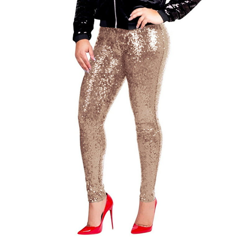 Miarhb Women Plus Shiny Sequin Slim Leggings Pants Ladies Trousers Gold/M - Walmart.com