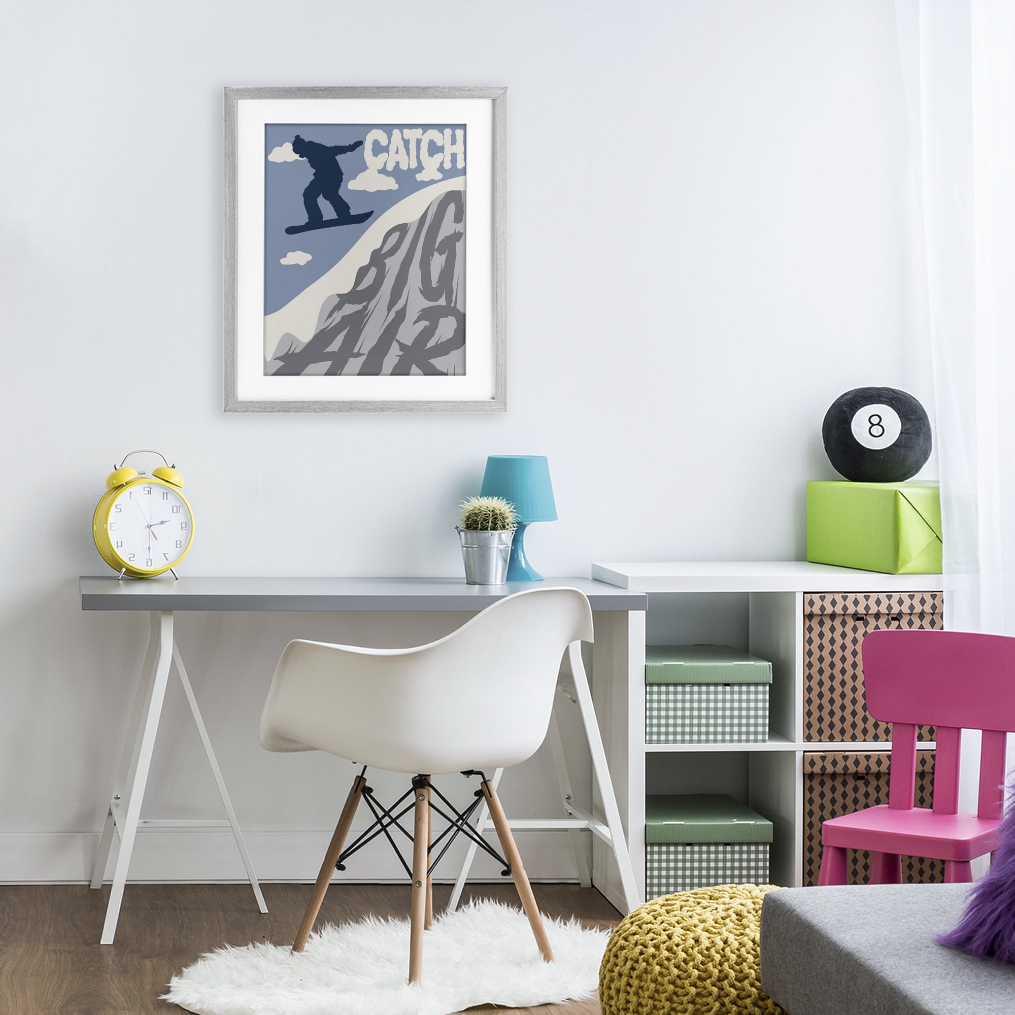 Catch Big Air Snowboard Gray Framed Print Under Glass, design by Marcus Prime