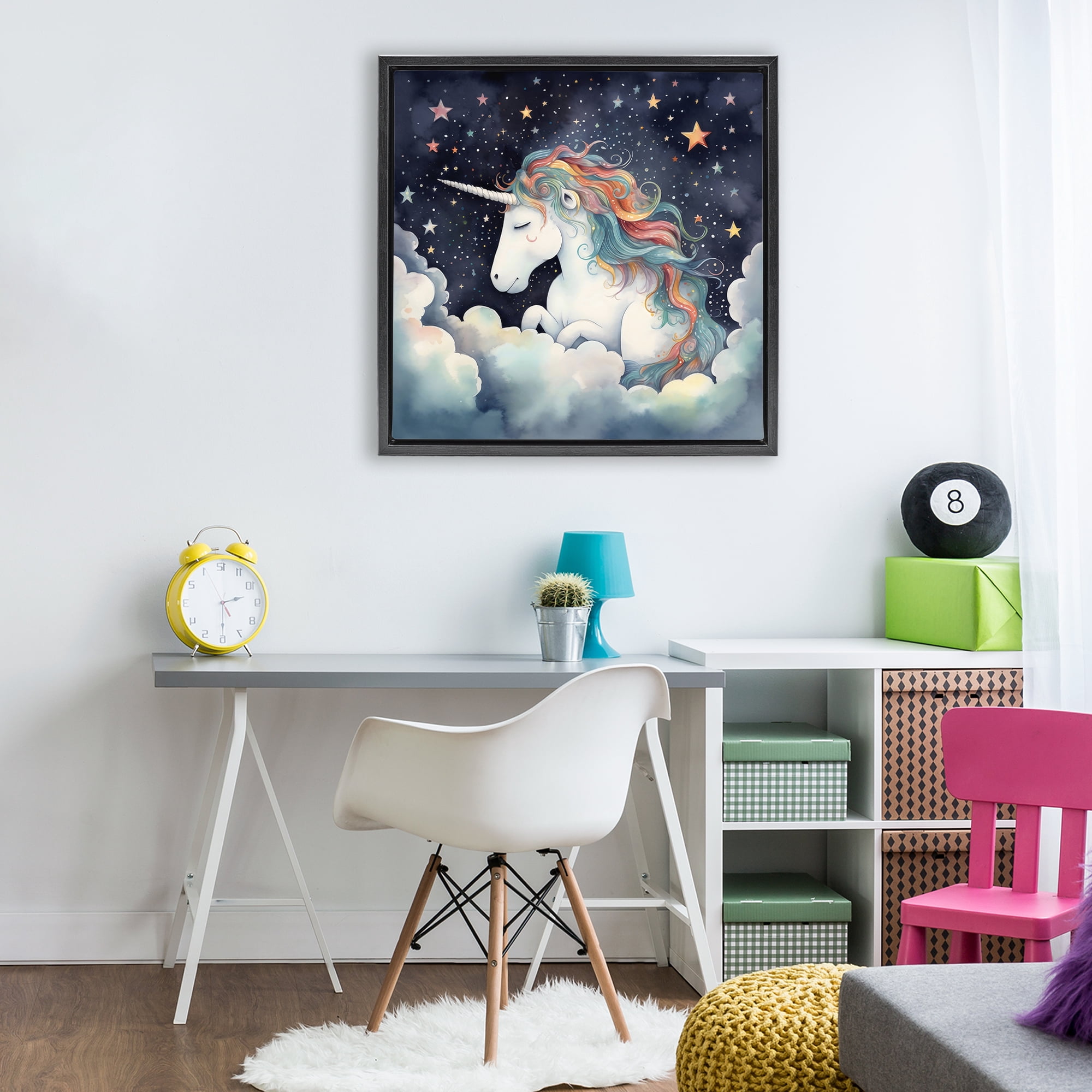 Stupell Industries Sleepy Unicorn in Starlit Clouds Black Framed Floater Canvas Wall Art, design by Creative Studio