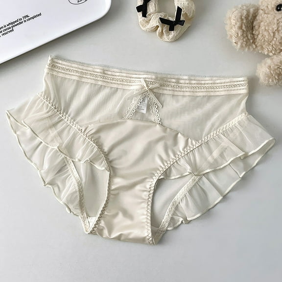 Novelty Ruffle Trim Panties Cute Summer Underpants, Teen Girls Lovely Brief Satin Patchwork Lightweight Underwear(Beige,M)