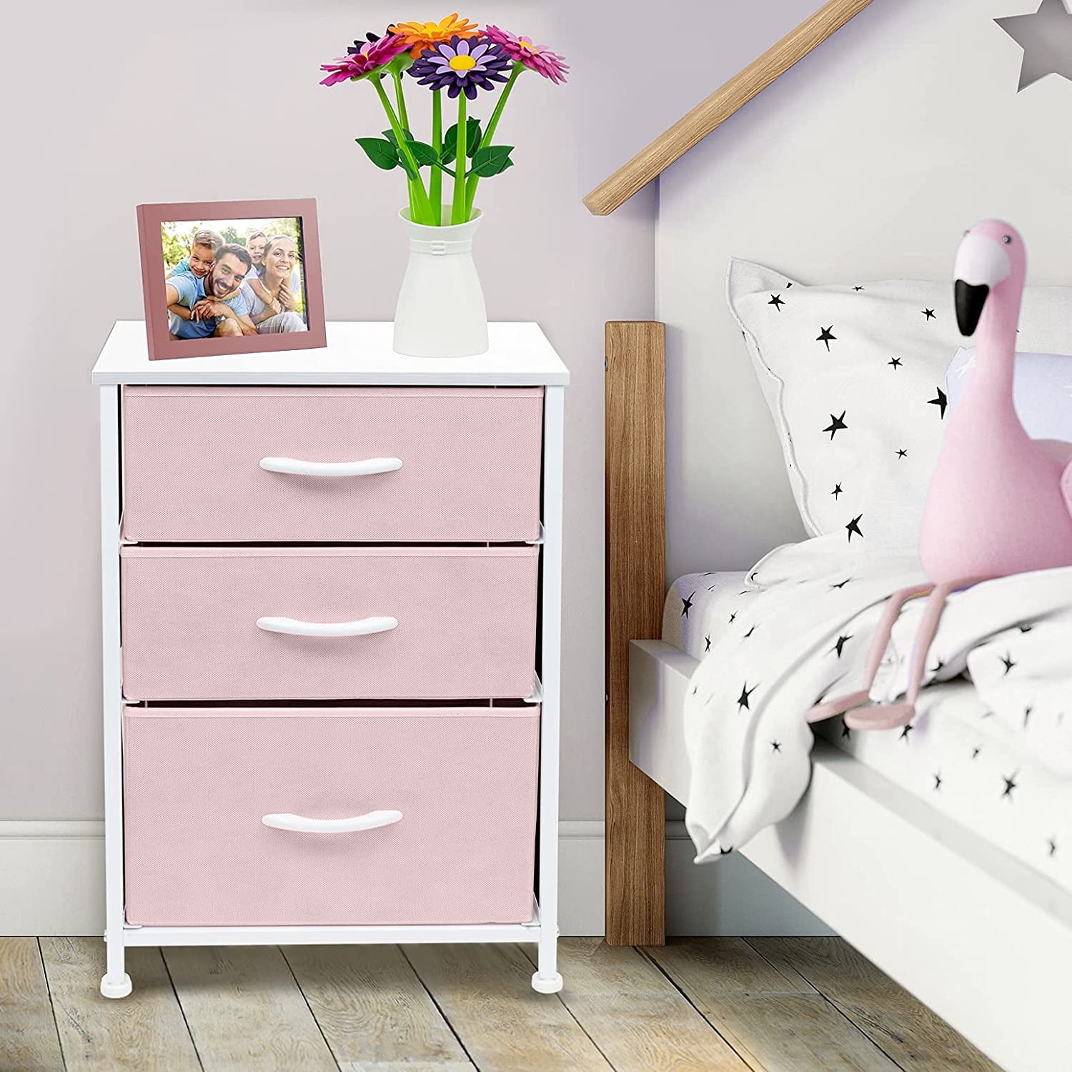 Sorbus Fabric Nightstand, 3 Drawers with Wood Top and Steel Frame, Pink