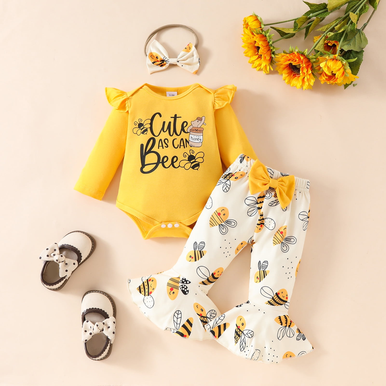 OBEEII Newborn Baby Clothes Ruffle Long Sleeve Romper Onesie and Pants Set Fall Winter Little Girls Casual Outfits Set First Birthday Outfits with Headband