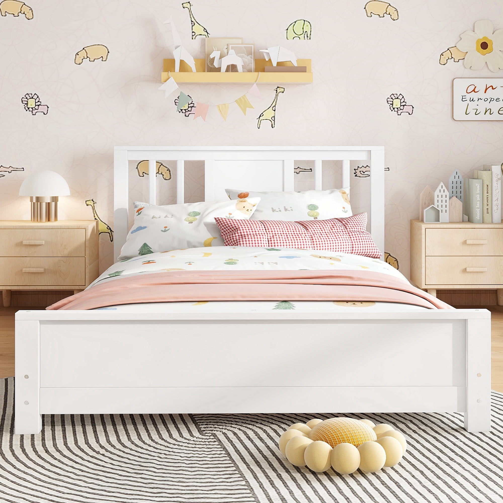 Miniyam Twin Bed Frame, Low Profile White Wood Platform Bed with Headboard, Footboard and Slat Support, White