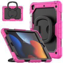Case for iPad 9th 8th 7th Gen 10.2 inch 2021 2020 2019, 360 Rotating Stand Handle Pencil Holder Shoulder Strap Heavy Duty Shockproof Cover, Rose