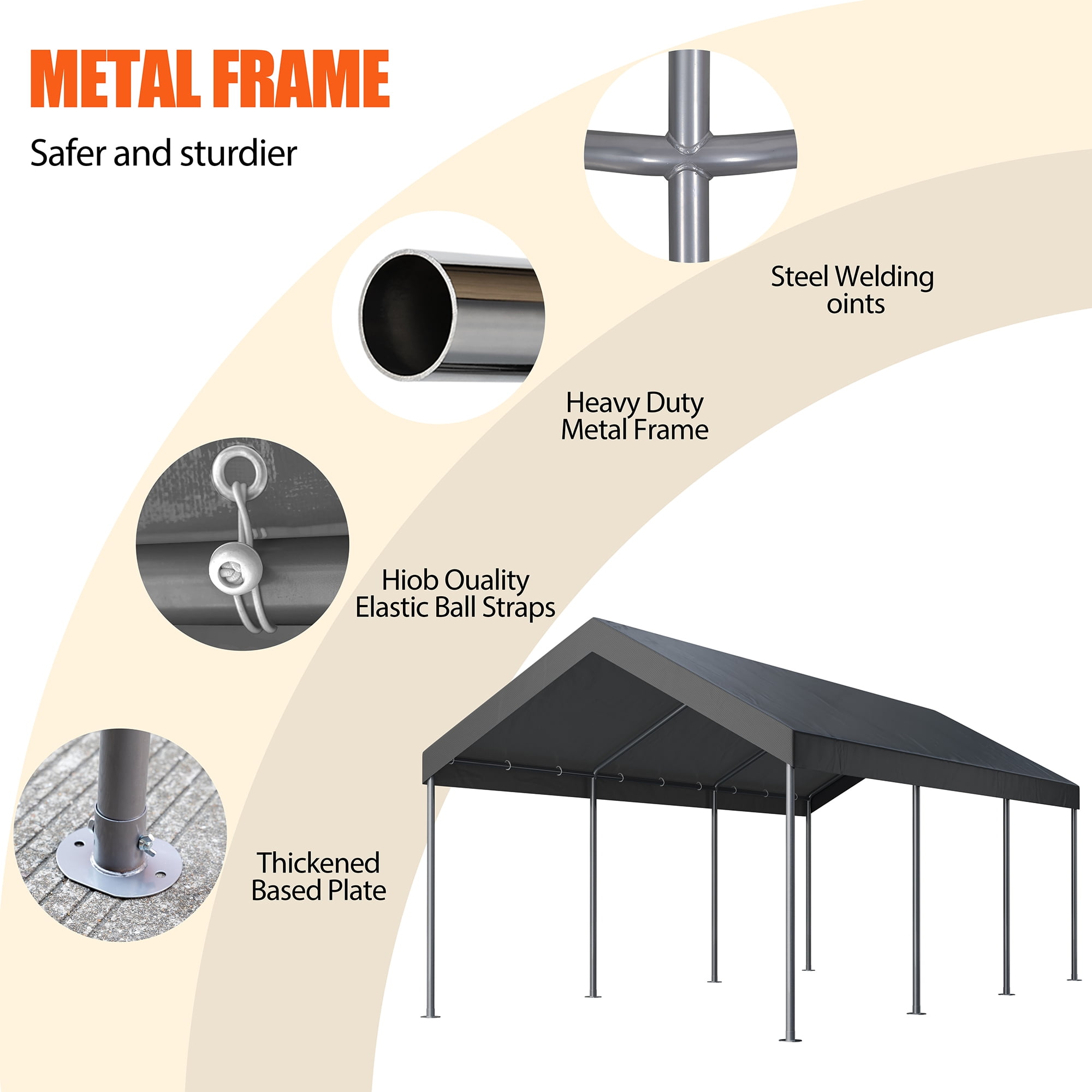 Walsunny Carport 10 x 20 ft Heavy Duty Carport Car Canopy with Powder-Coated Steel Frame, Portable Garage for Car, Boat, Shelter Party Tent with 180g PE Tarp Gray