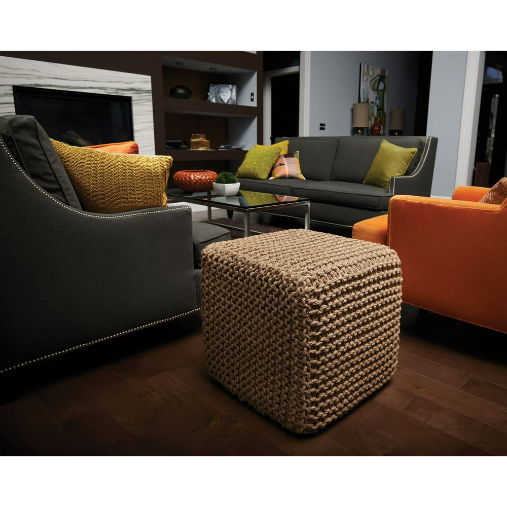 Natural Jute 18" Square Knit Pouf Ottoman Natural