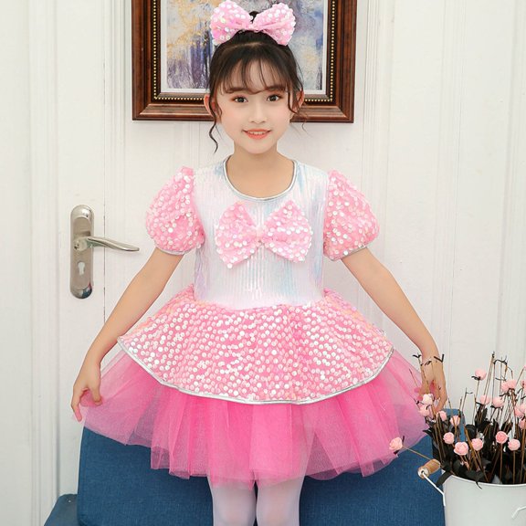 BRGZLK Little Girls Tulle Tutu Dress Puff Sleeve Bow Mesh Skirt Performance Skirt Girl Short Sleeve Dance Skirt Casual Spring Summer Clothes Pink A 11-12 Years