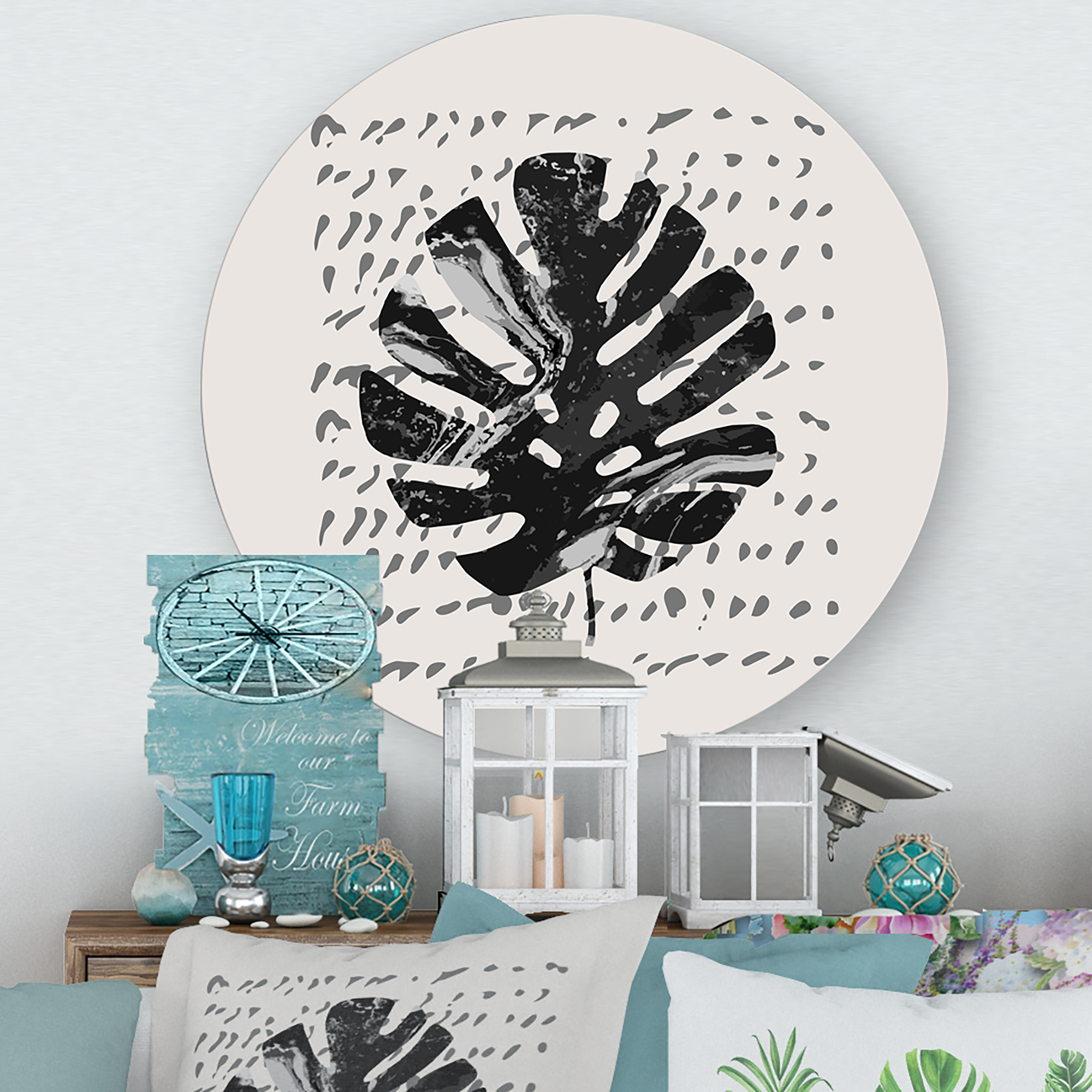 Designart 'Minimal Tropical Palm Leaf Over Grunge Texture' Tropical Circle Metal Wall Art 23x23 - Disc of 23