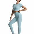 thumbnail image 3 of Elainilye Fashion Yoga Pants Women Casual High Waist Elastic Yoga Suit Short-sleeved Shirt and Pants Two-piece Suit,Blue, 3 of 4