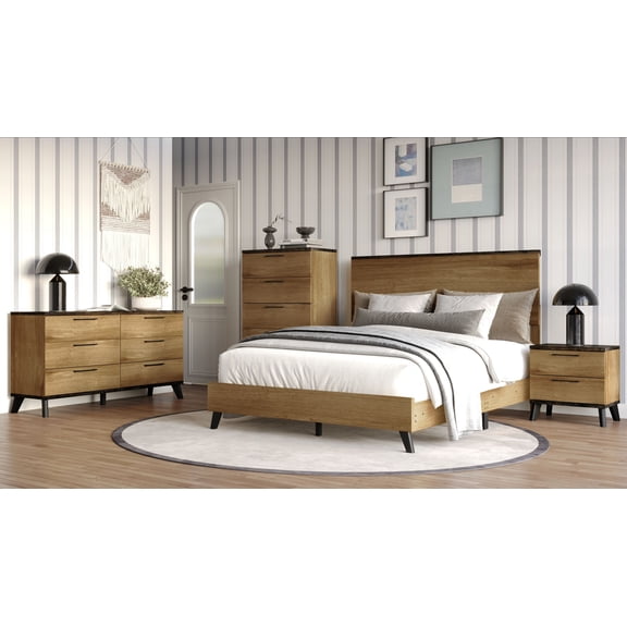 Home Design Emersyn 4-Piece Modern Oak Wood Bedroom Furniture Set-Includes Bed, Dresser, Nightstand, and Chest