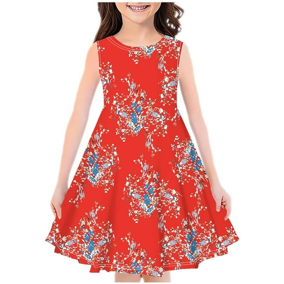 Zwiiyzr 4-14Y Little Girls Summer Dress Round Neck Sleeveless Swing Sundress Kids Casual Floral A-Line Dress Red